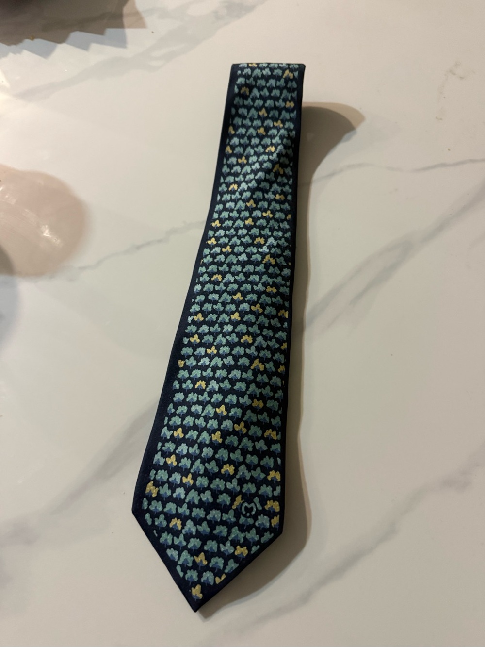 Navy Patterned Men's Silk Tie with Light Blue & Gold Motif
